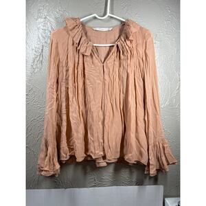 Zara Bell Sleeve Ruffle Collared Blouse Long Sleeves Modal Blend Pink Size Small